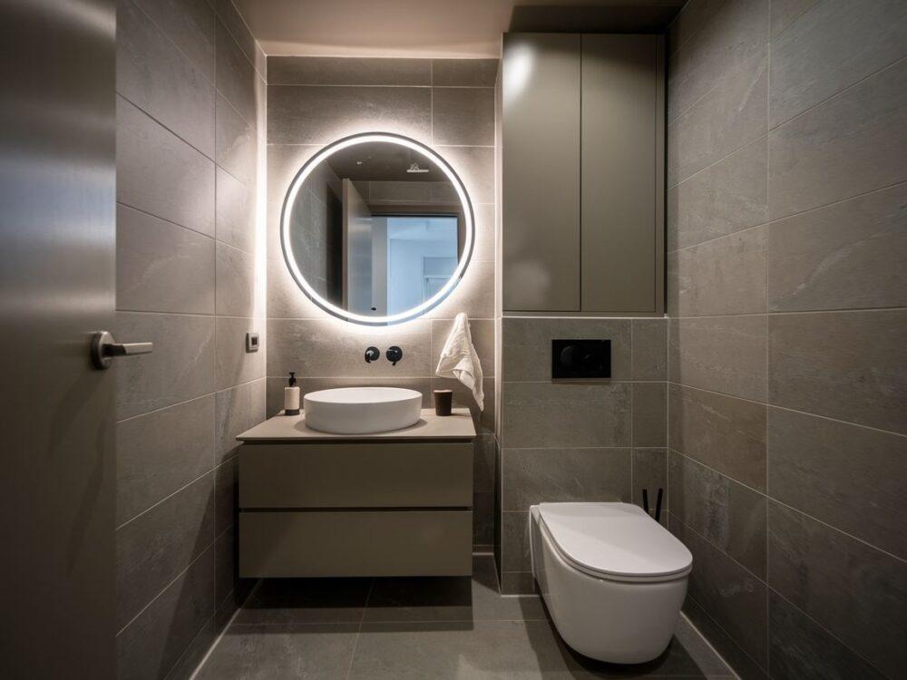 jasna łazienka z dekoracyjnym lustrem